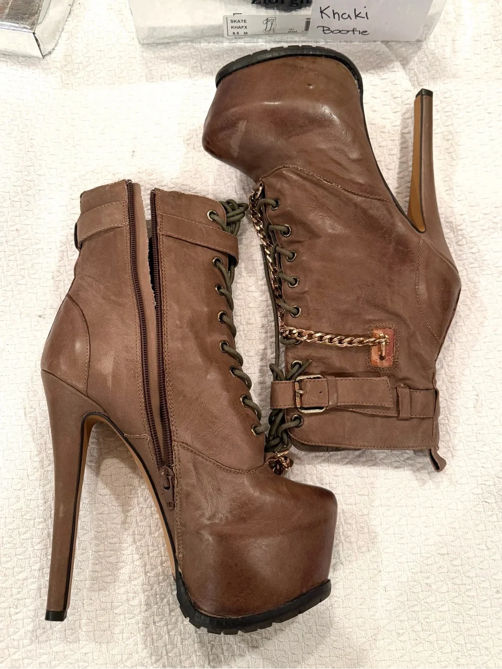 Zigi Girl Khaki Platform Combat Boots with Gold Chain